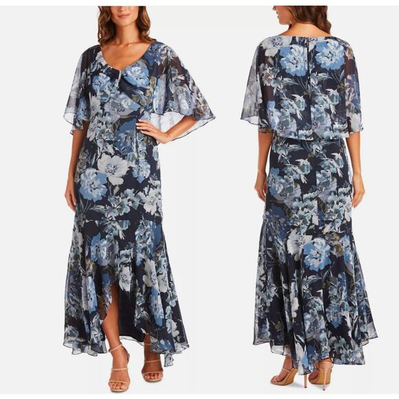 R&M Richards Navy Blue Floral High Low Chiffon Dress Evening Formal Size 6 NWT - Picture 1 of 11